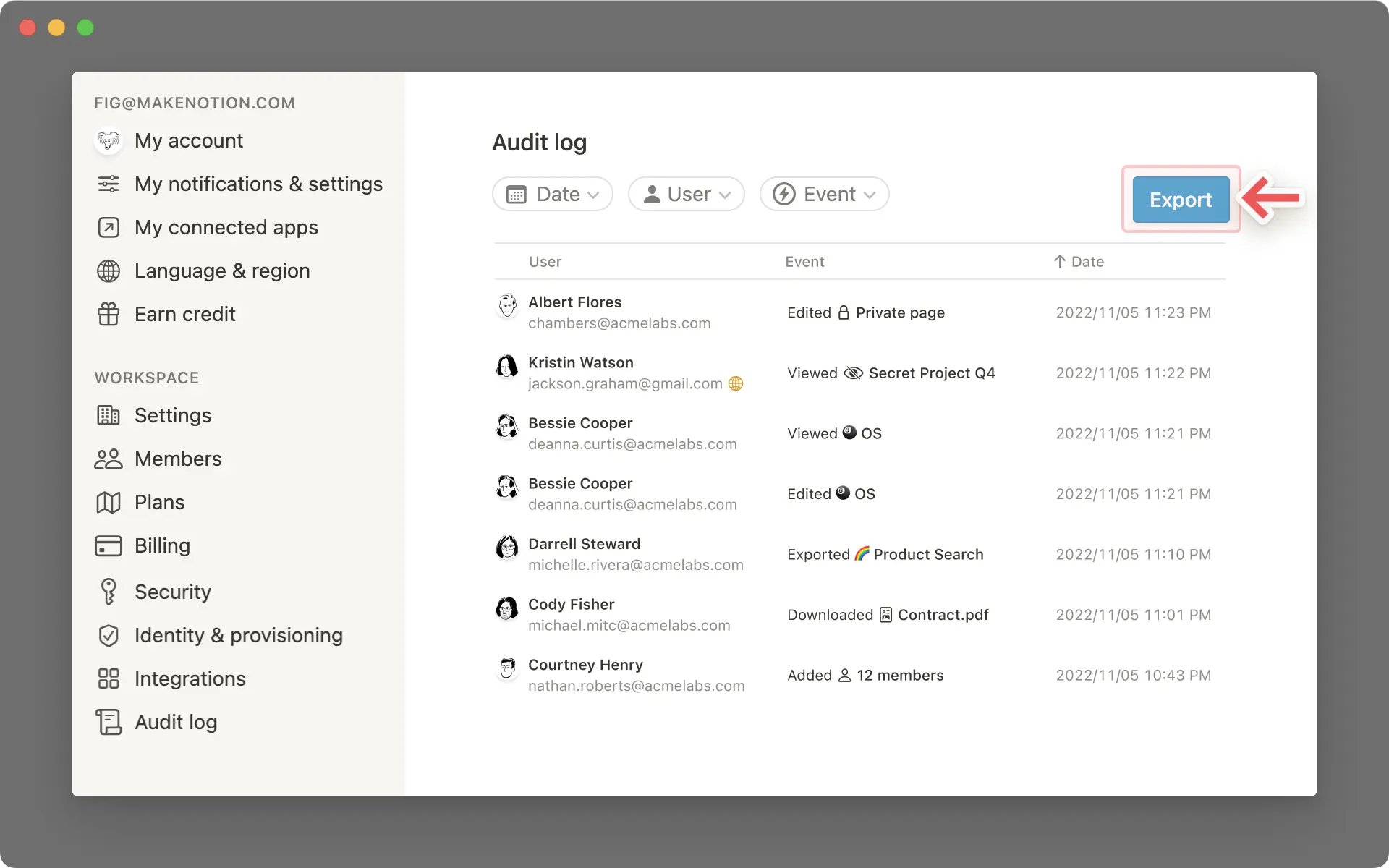 Exportation du journal d’audit
