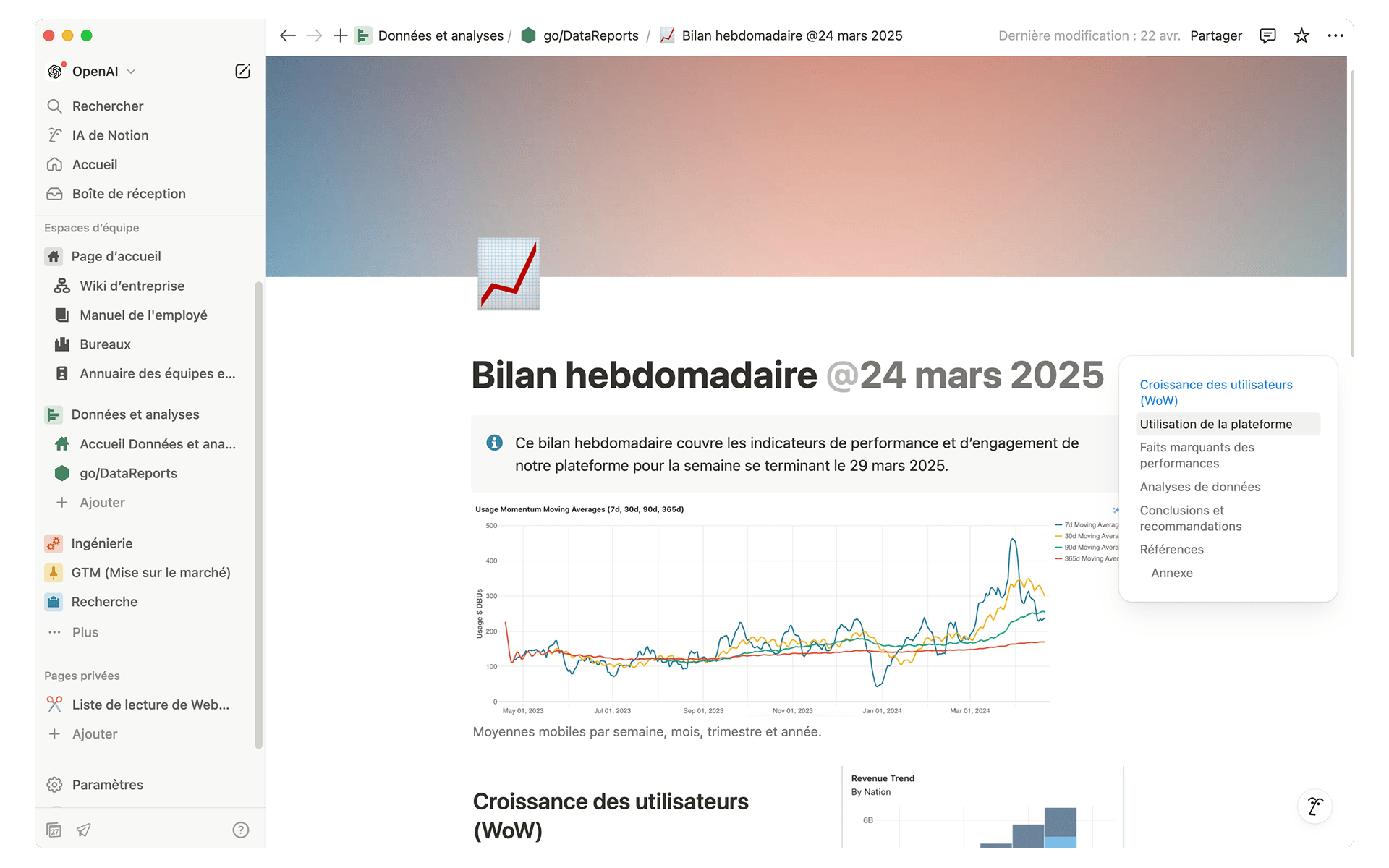 L’équipe de science des données d’OpenAI a gagné des heures de travail manuel en automatisant ses rapports dans Notion et en consolidant les données opérationnelles clés et les tableaux de bord dans un espace centralisé qui facilite la prise de décision.
