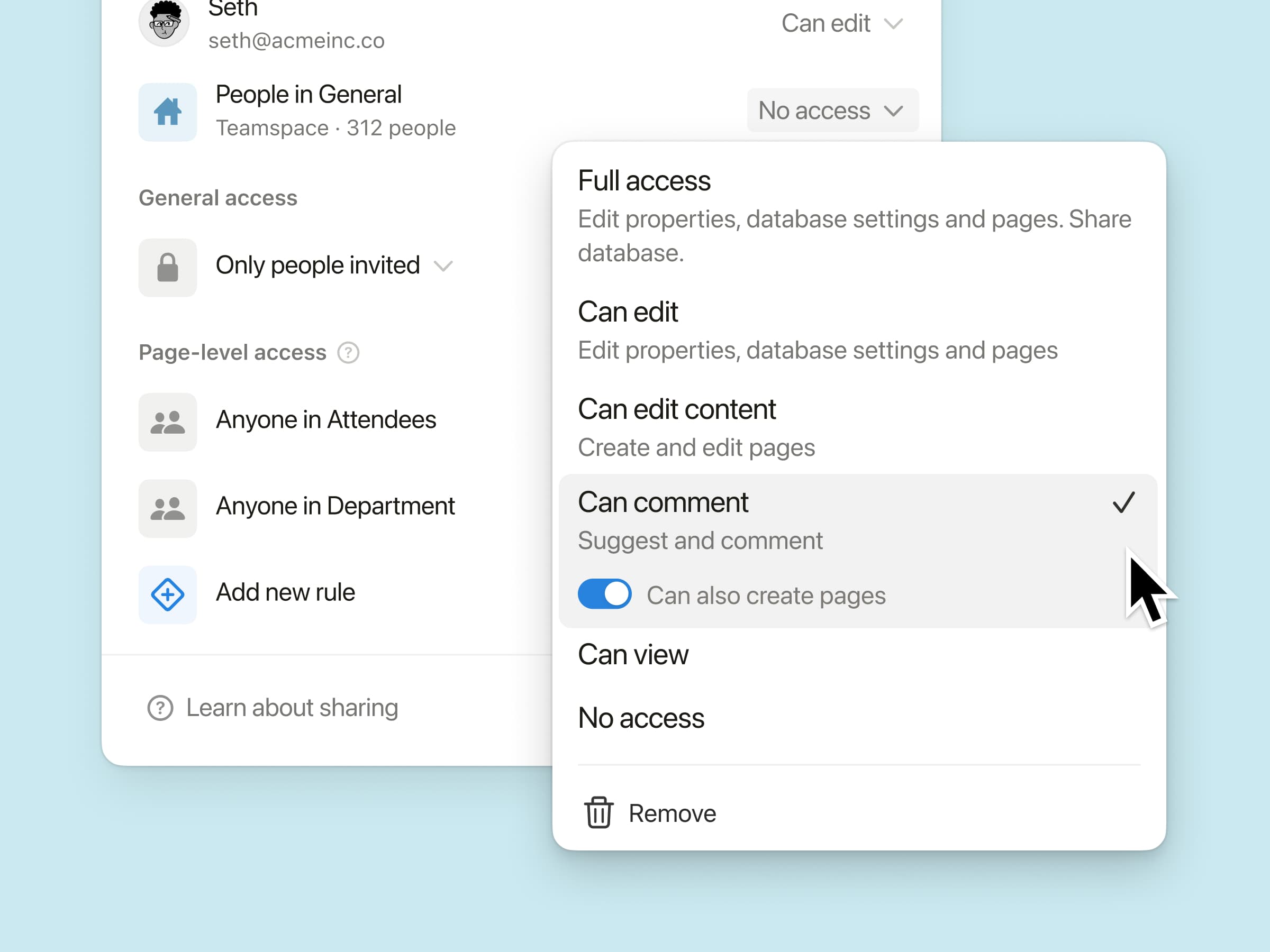 New database permission: “Can create pages”