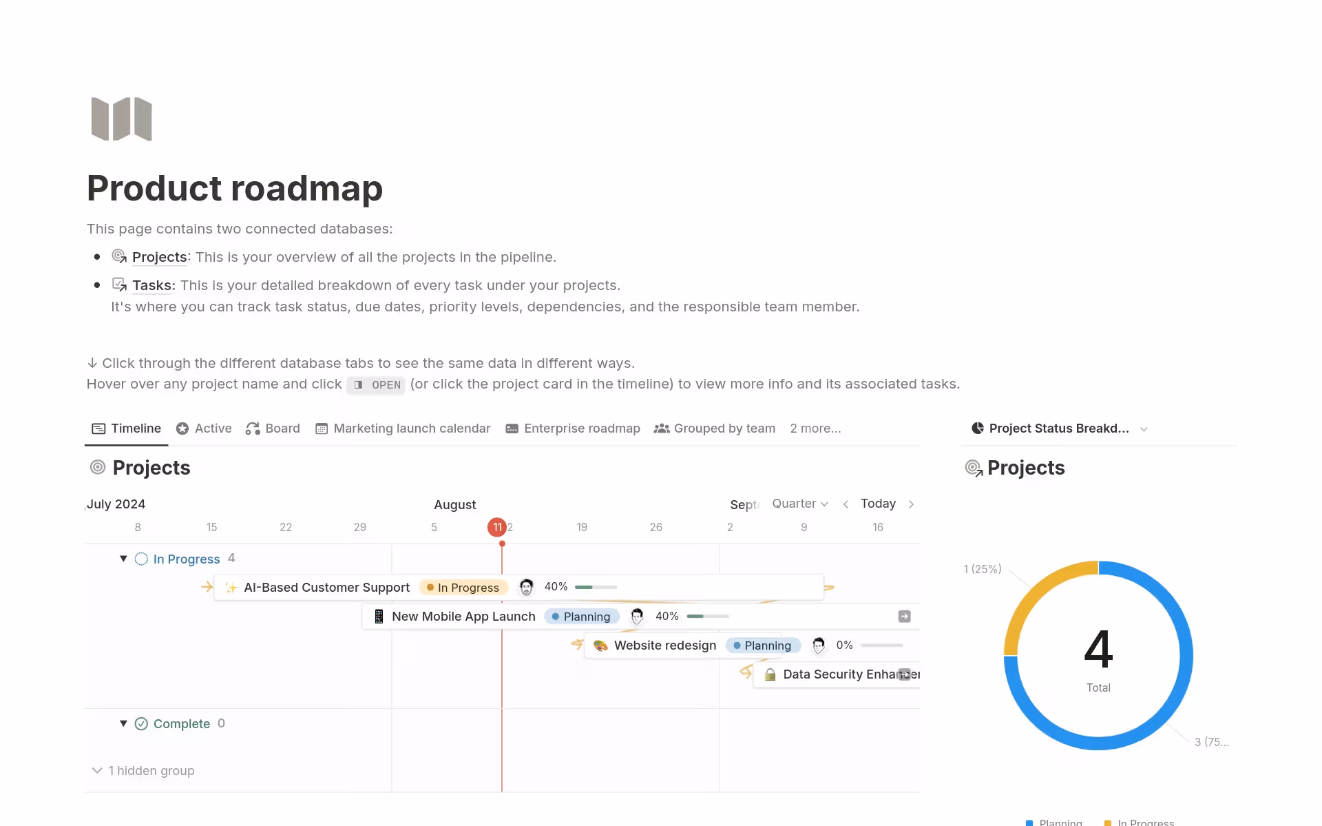 The Product Roadmap Notion template for outlining project phases