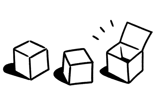 Un dessin minimaliste en noir et blanc de deux boîtes fermées et une boîte ouverte.