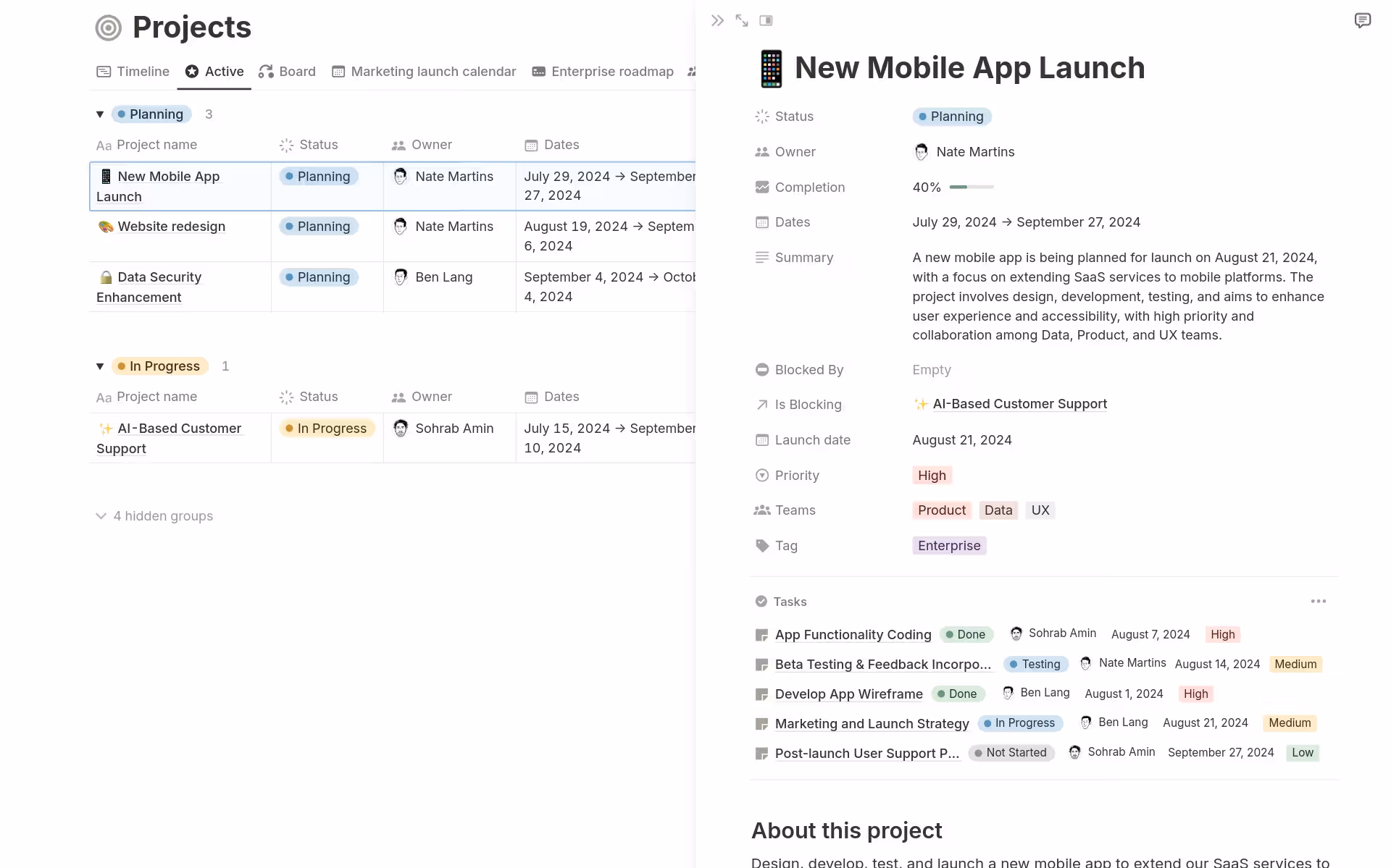 A sample product roadmap in Notion that shows real-time status, blockers, progress, and more
