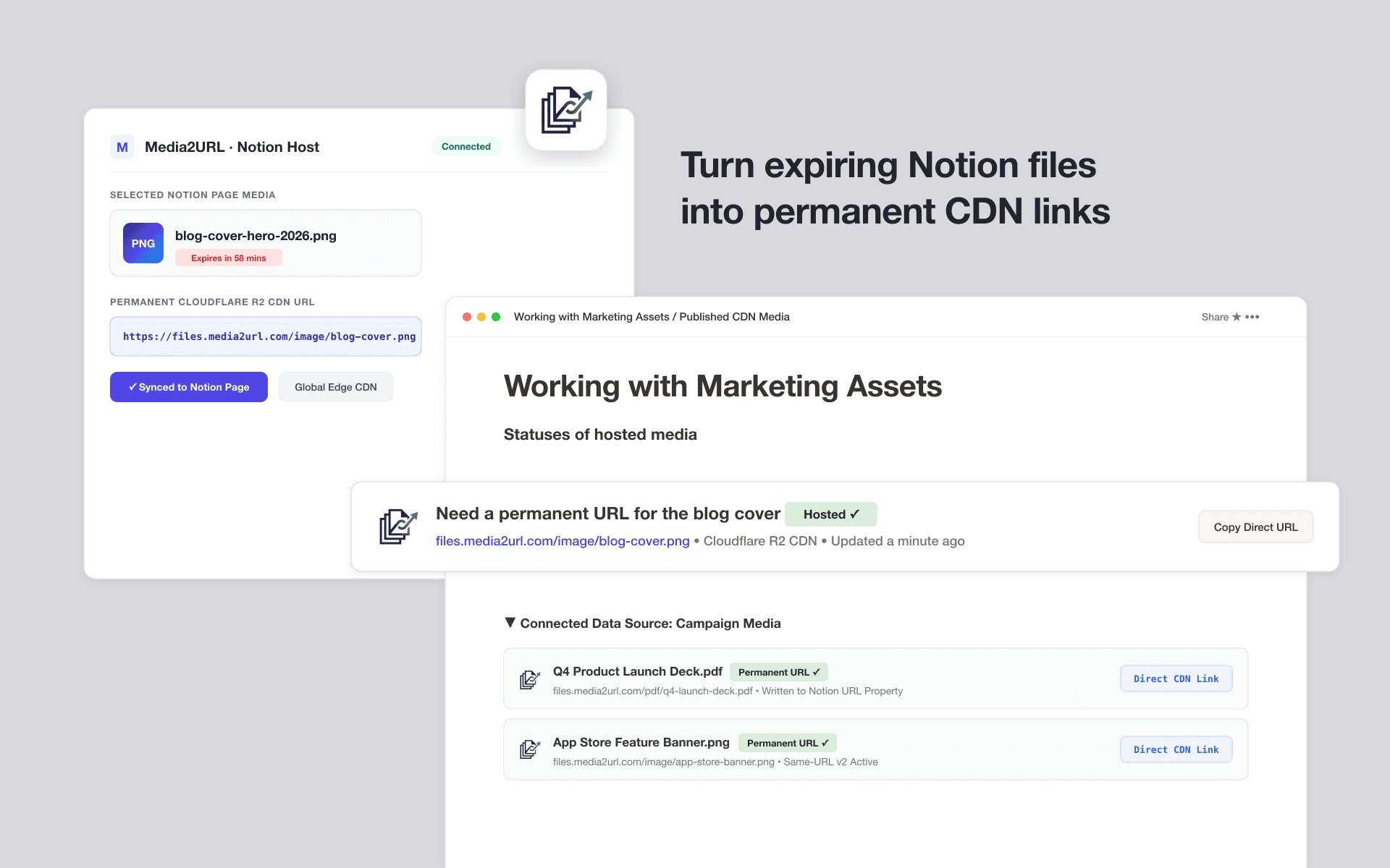 Host Notion media, generate permanent direct CDN links, and automate document delivery URLs.