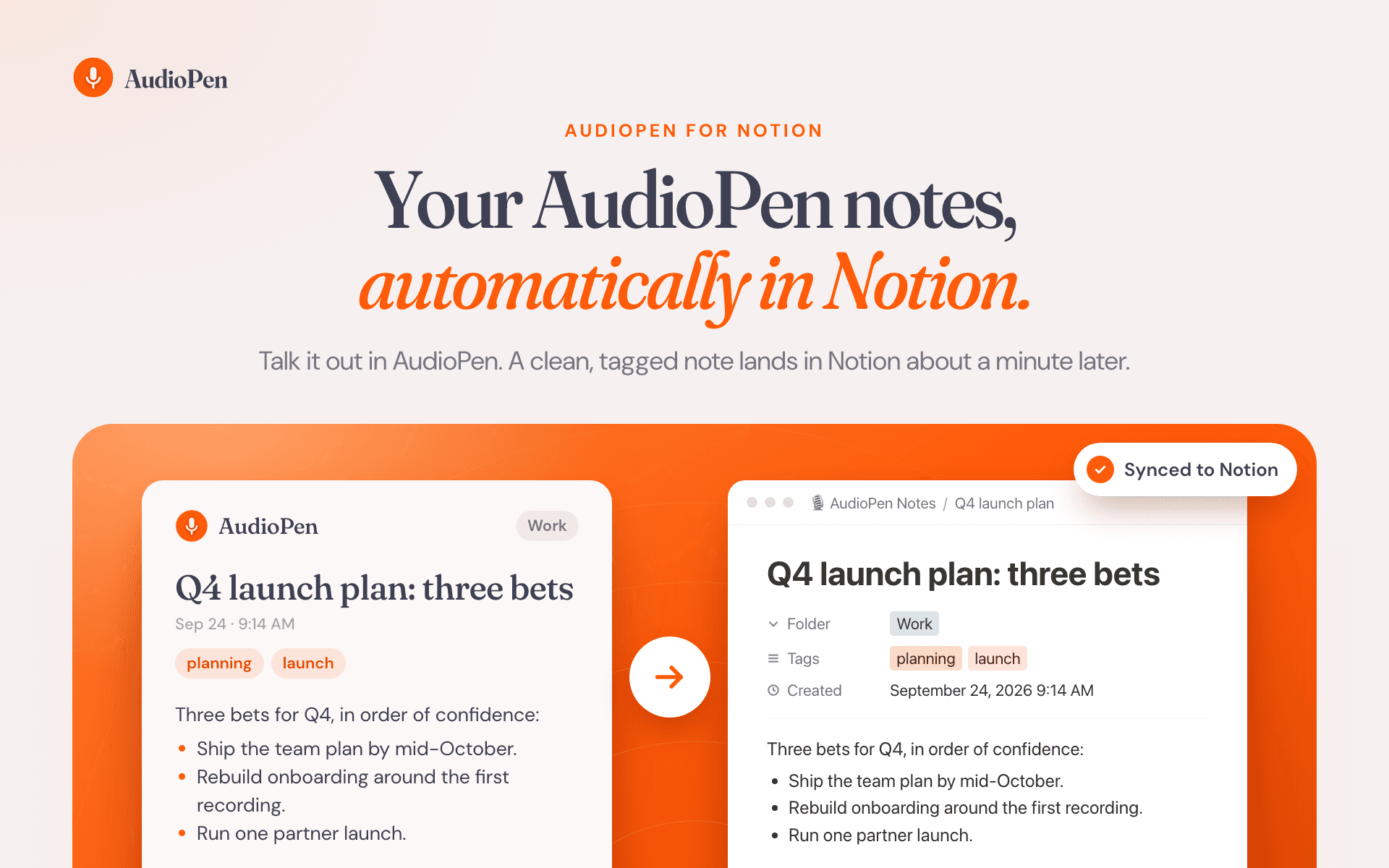 Send your AudioPen voice notes to a Notion database, automatically.
