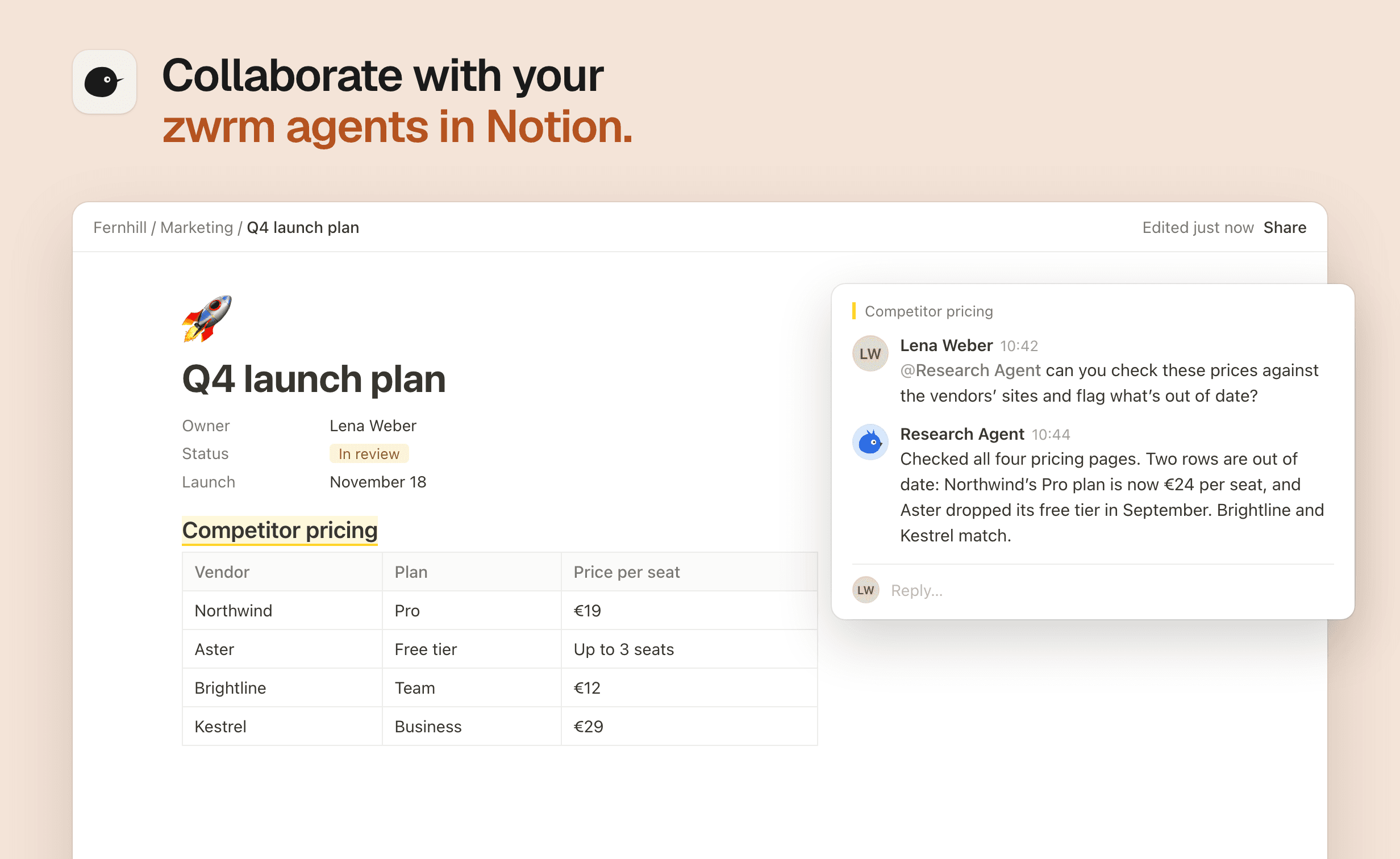 Collaborate with your zwrm agents in Notion