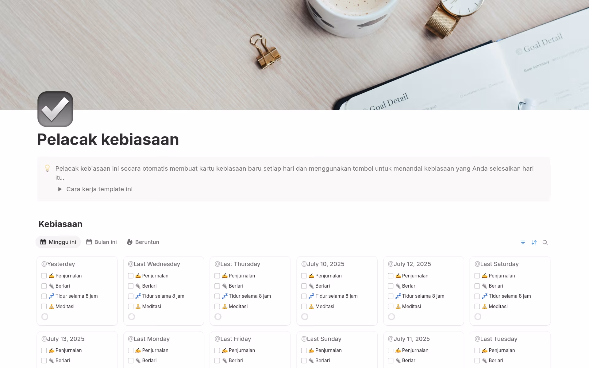 Pratinjau templat untuk Pelacak kebiasaan