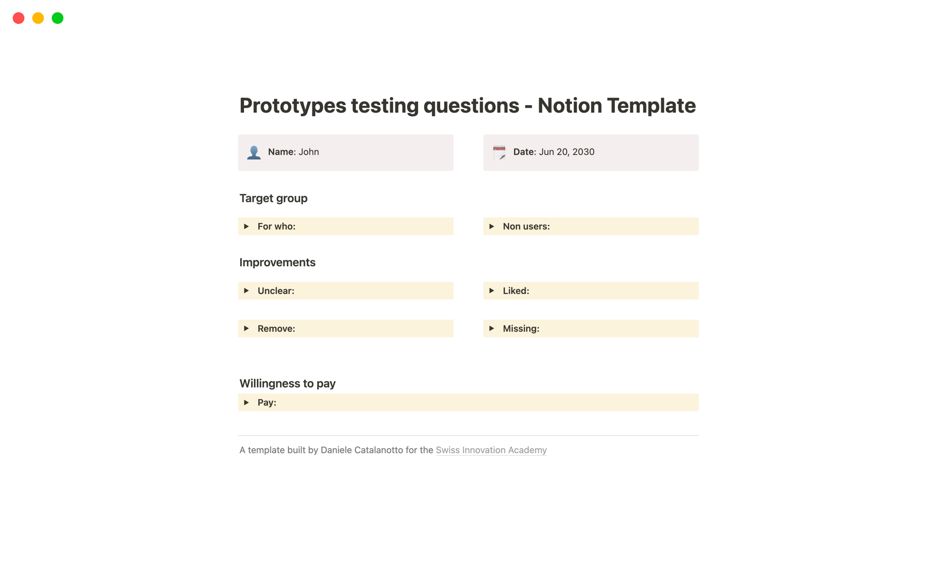Eine Vorlagenvorschau für Prototypes testing questions