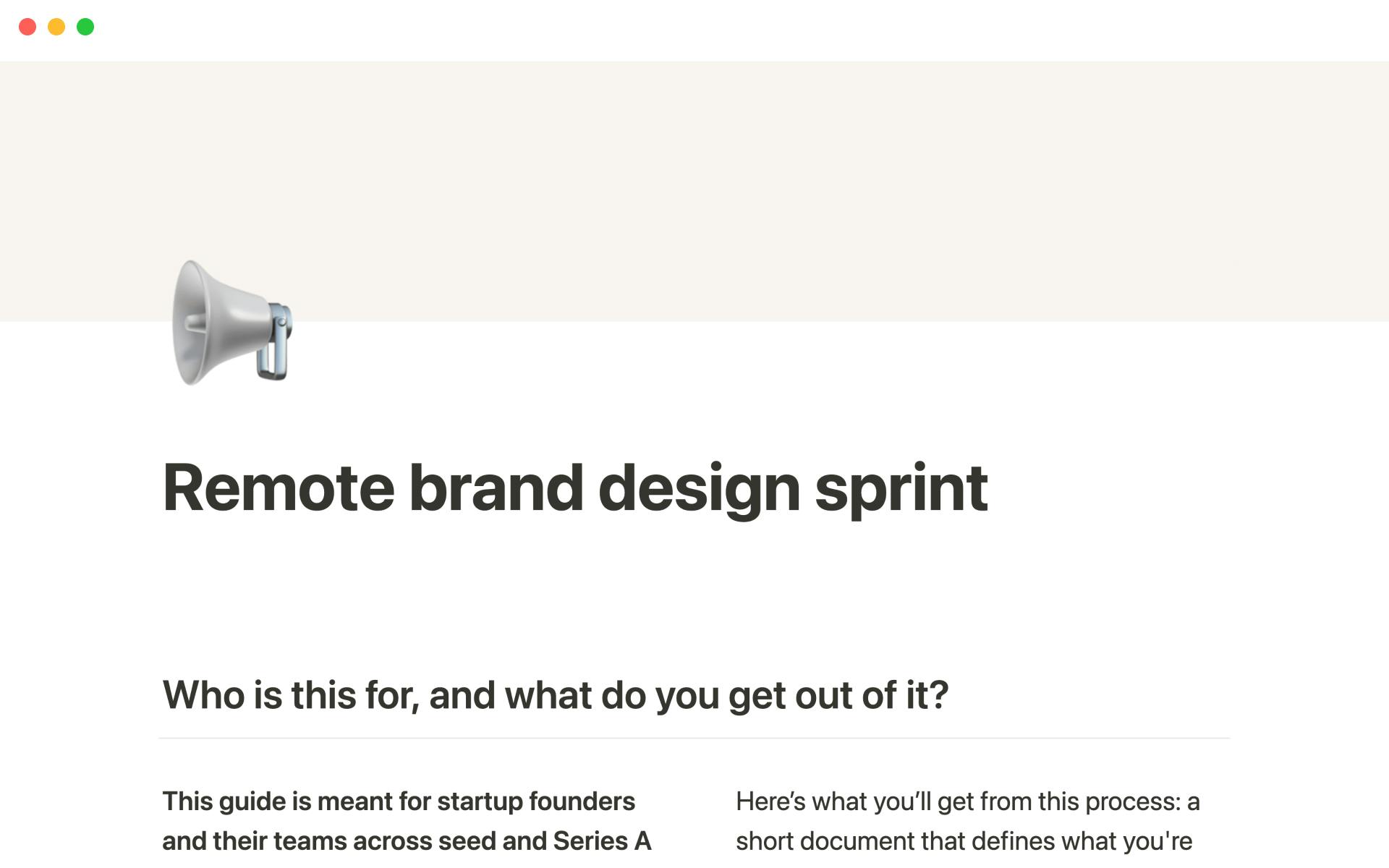Eine Vorlagenvorschau für Merci Grace's remote brand design sprint