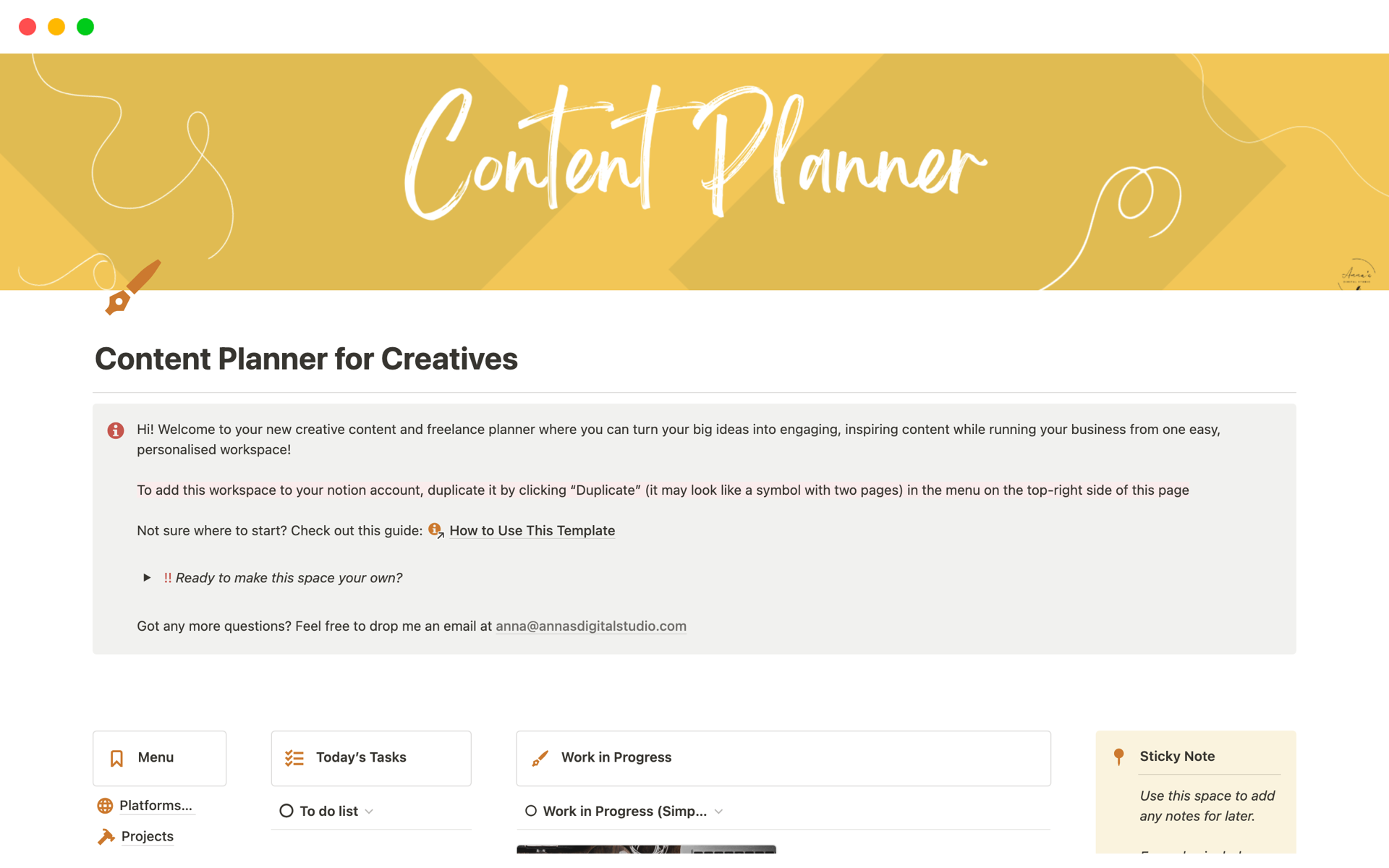 Eine Vorlagenvorschau für Content Planner for Freelancers and Creatives