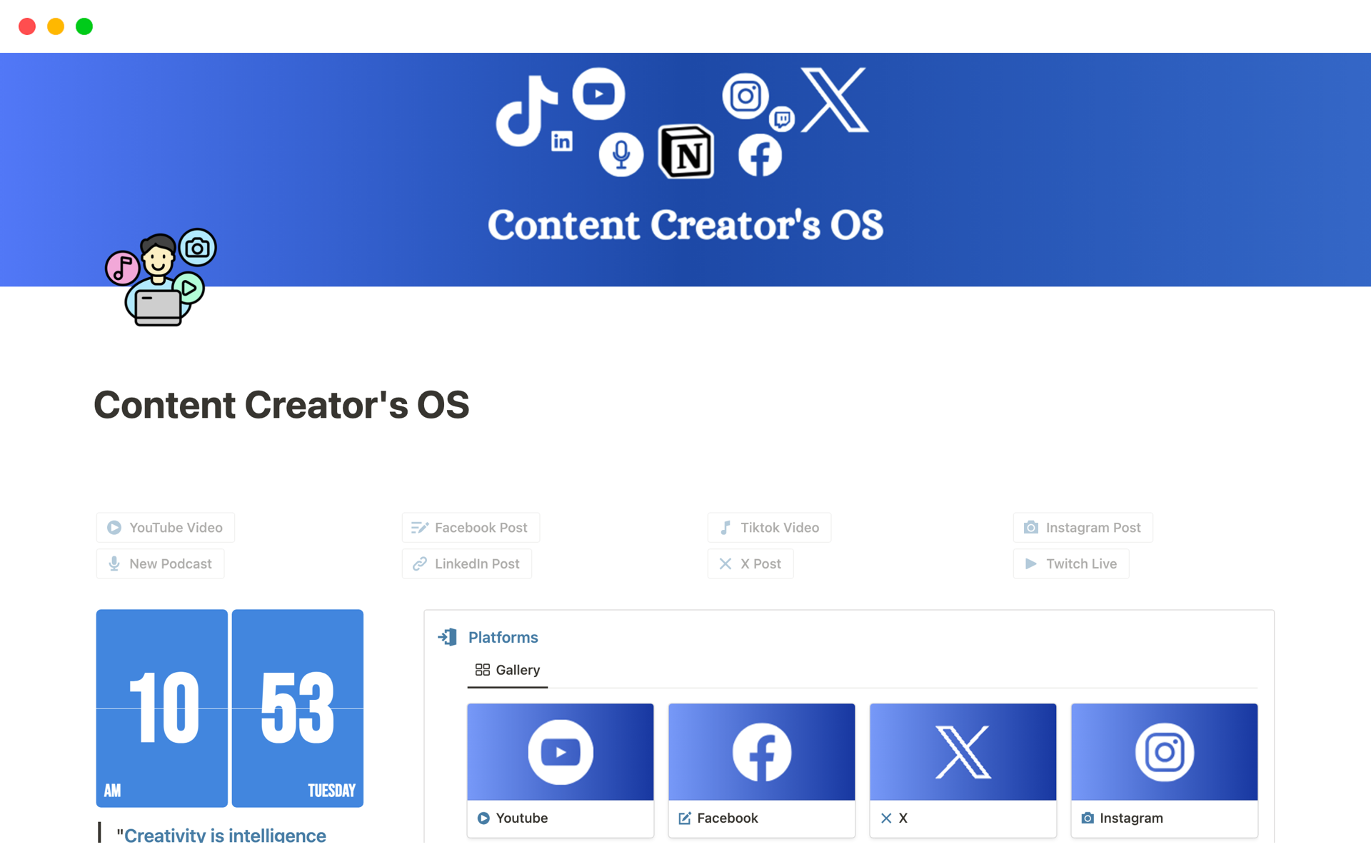 Eine Vorlagenvorschau für Content Creator's OS