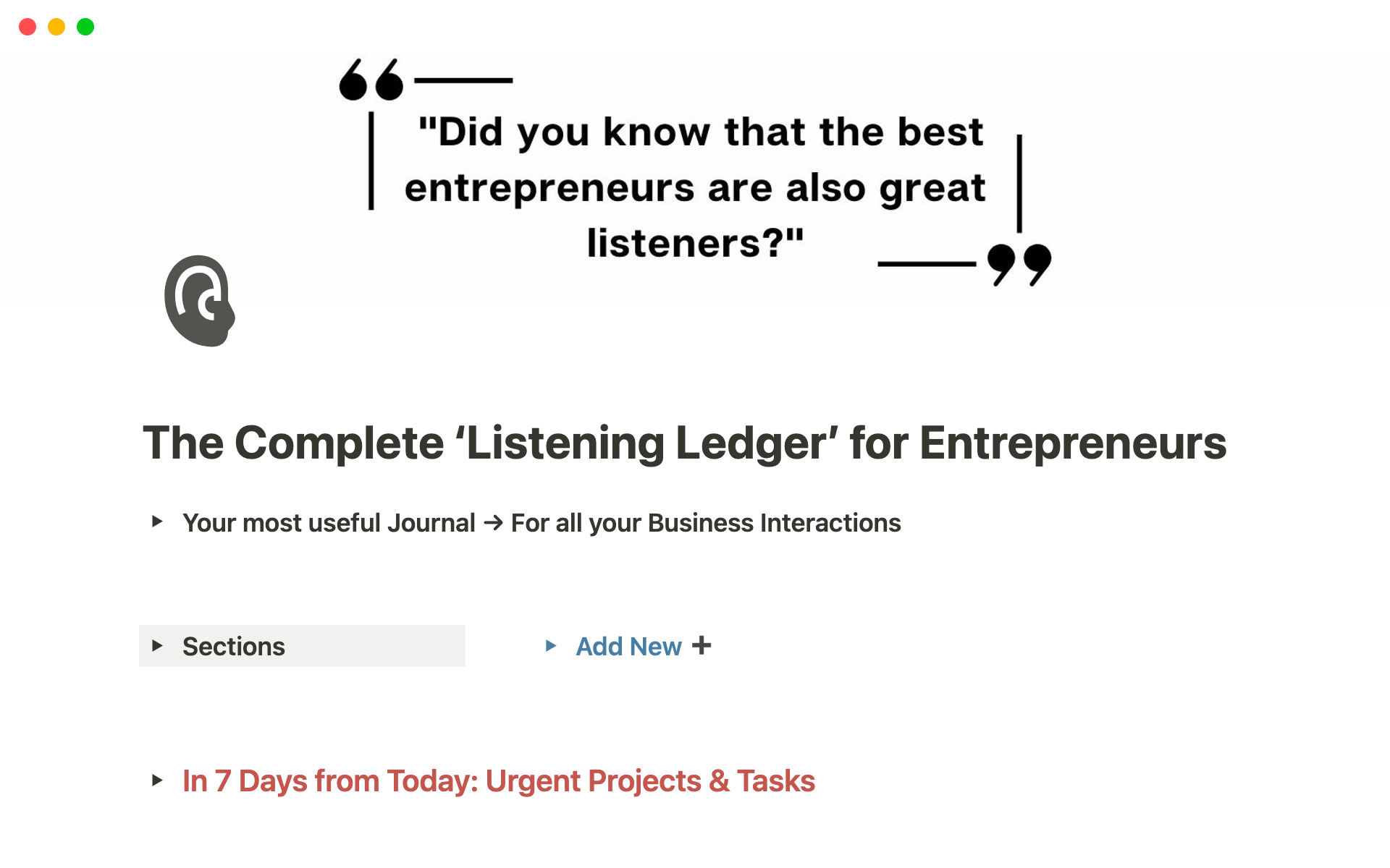 MOWO Listening Ledger for Entrepreneursのテンプレートのプレビュー