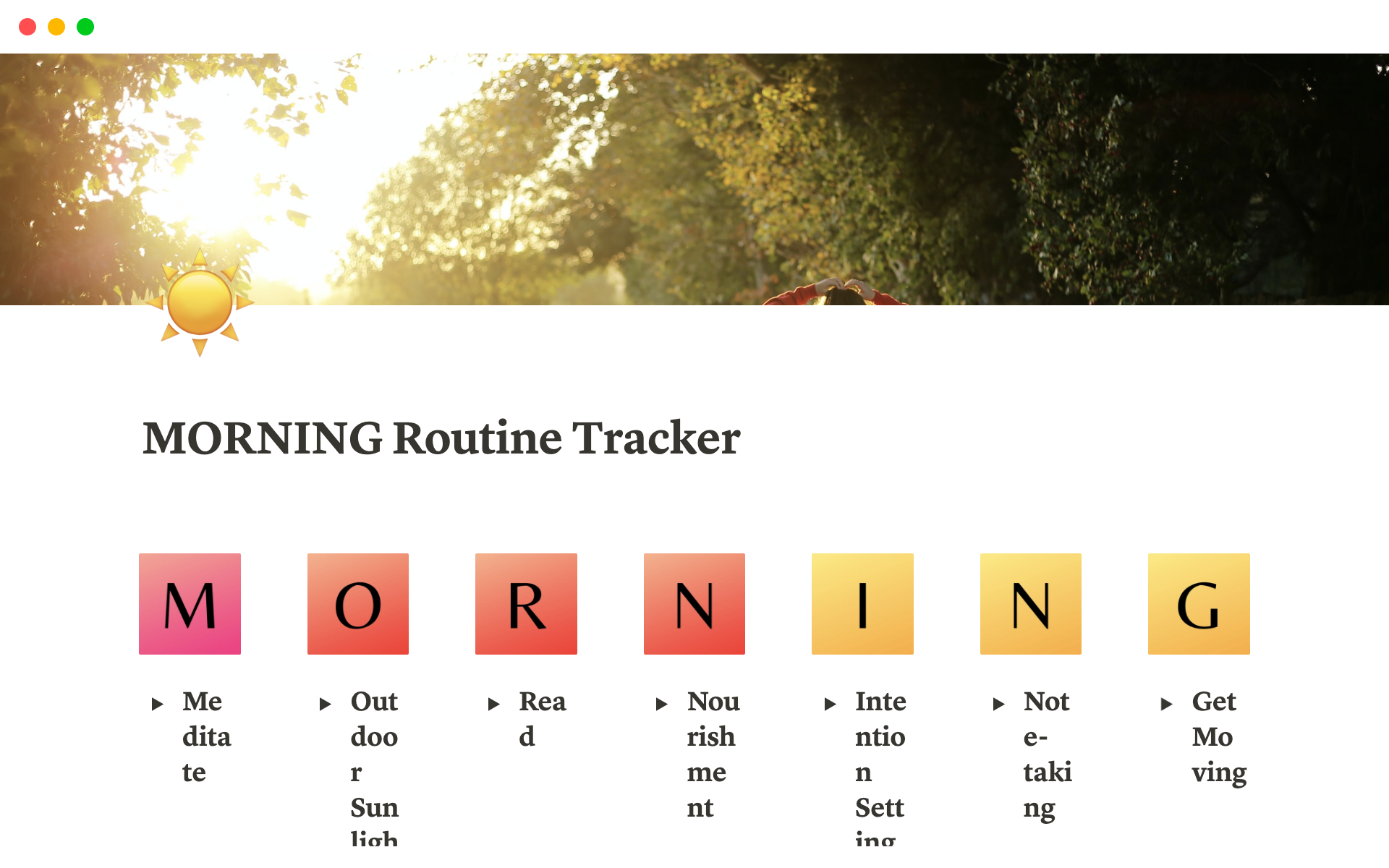 Notion Morning Routine Trackerのテンプレートのプレビュー