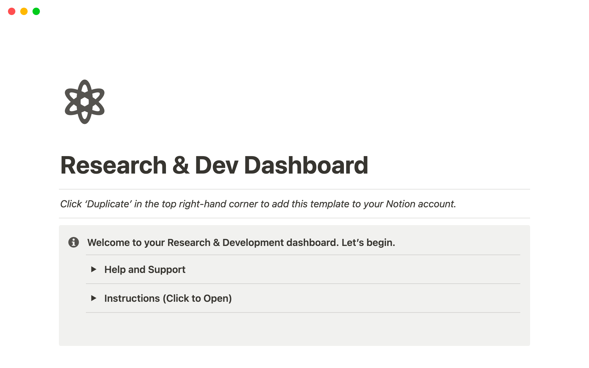 A template preview for Research & Dev Dashboard